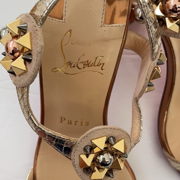 Christian Louboutin Gold Kaleitop leather 85mm T strap heels 37 - Picture 6 of 10